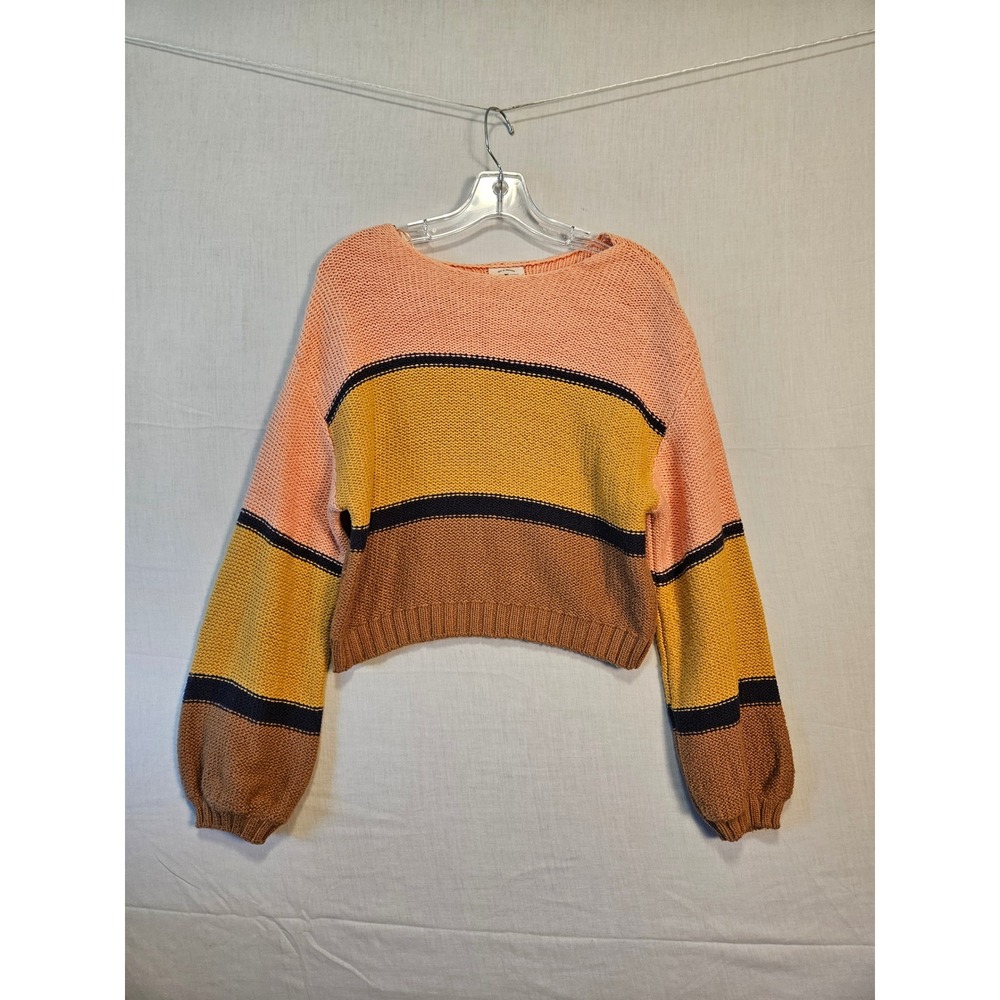 Billabong Womens Medium Striped Cropped Sweater Balloon Sleeve Boho Peach Yellow